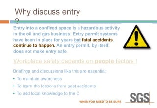 Entry into a confined space is a hazardous activity
in the oil and gas business. Entry permit systems
have been in place for years but fatal accidents
continue to happen. An entry permit, by itself,
does not make entry safe.
Briefings and discussions like this are essential:
• To maintain awareness
• To learn the lessons from past accidents
• To add local knowledge to the Company’s procedures
Workplace safety depends on people factors !
Why discuss entry
?
 