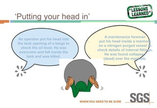 ‘Putting your head in’
An operator put his head into
the tank opening of a barge to
check the oil level. He was
overcome and fell inside the
tank and was killed.
A maintenance foreman
put his head inside a manhole
on a nitrogen purged vessel to
check details of internal fittings.
He was found collapsed
(dead) over the manhole.
 