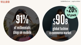 91%of millennials
shop on mobile
$90B
global fashion
e-commerce market
+20%
YoY growth
hello@villoid.com angel.co/villoid
 