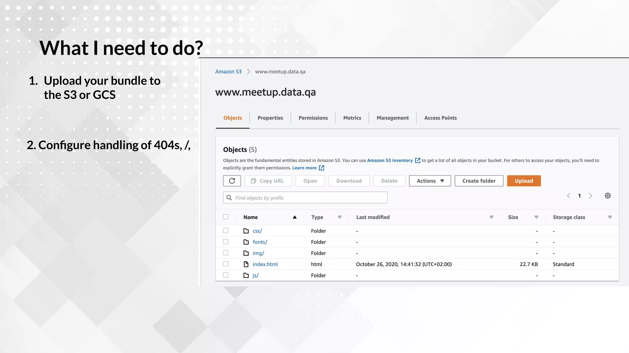 1. Upload your bundle to
the S3 or GCS
What I need to do?
2. Conﬁgure handling of 404s, /,
 