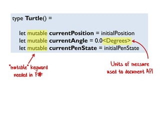 type Turtle() =
let mutable currentPosition = initialPosition
let mutable currentAngle = 0.0<Degrees>
let mutable currentPenState = initialPenState
"mutable" keyword
needed in F#
Units of measure
used to document API
 