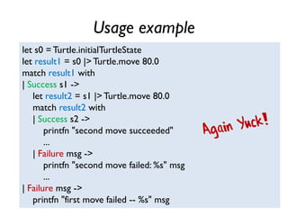 Usage example
let s0 = Turtle.initialTurtleState
let result1 = s0 |> Turtle.move 80.0
match result1 with
| Success s1 ->
let result2 = s1 |> Turtle.move 80.0
match result2 with
| Success s2 ->
printfn "second move succeeded"
...
| Failure msg ->
printfn "second move failed: %s" msg
...
| Failure msg ->
printfn "first move failed -- %s" msg
 