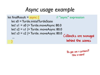 Async usage example
let finalResult = async { // "async" expression
let s0 =Turtle.initialTurtleState
let! s1 = s0 |> Turtle.moveAsync 80.0
let! s2 = s1 |> Turtle. moveAsync 80.0
let! s3 = s2 |> Turtle. moveAsync 80.0
...
}
Callbacks are managed
behind the scenes
 