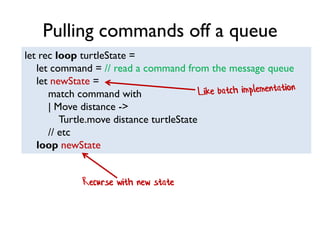 Pulling commands off a queue
let rec loop turtleState =
let command = // read a command from the message queue
let newState =
match command with
| Move distance ->
Turtle.move distance turtleState
// etc
loop newState
Recurse with new state
 