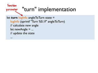 "turn" implementation
let turn logInfo angleToTurn state =
logInfo (sprintf "Turn %0.1f" angleToTurn)
// calculate new angle
let newAngle = ...
// update the state
...
Function
parameter
 