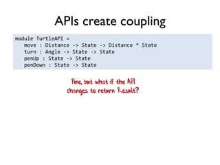 APIs create coupling
module TurtleAPI =
move : Distance -> State -> Distance * State
turn : Angle -> State -> State
penUp : State -> State
penDown : State -> State
Fine, but what if the API
changes to return Result?
 