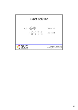 12
ENME 602 Spring 2007
Dr. Eng. Mohammad Tawfik
Exact Solution
12/1
10
3
15
7
412
2/10
60
13
12
)(
23
3
<<+−+−=
<<+=
x
xxx
x
xx
xw
 