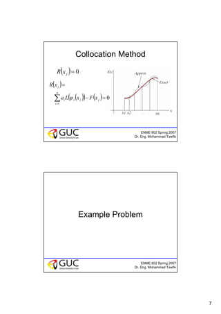 7
ENME 602 Spring 2007
Dr. Eng. Mohammad Tawfik
Collocation Method
( ) 0=jxR
( )
( )( ) ( ) 0
1
=−
=
∑=
j
n
i
jii
j
xFxLa
xR
ψ
ENME 602 Spring 2007
Dr. Eng. Mohammad Tawfik
Example Problem
 