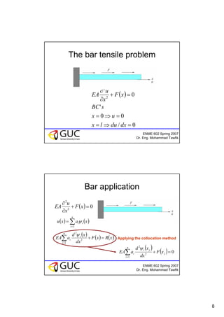 8
ENME 602 Spring 2007
Dr. Eng. Mohammad Tawfik
The bar tensile problem
( )
0/
00
'
02
2
=⇒=
=⇒=
=+
∂
∂
dxdulx
ux
sBC
xF
x
u
EA
ENME 602 Spring 2007
Dr. Eng. Mohammad Tawfik
Bar application
( ) 02
2
=+
∂
∂
xF
x
u
EA
( ) ( )∑=
=
n
i
ii xaxu
1
ψ
( ) ( ) ( )xRxF
dx
xd
aEA
n
i
i
i =+∑=1
2
2
ψ
Applying the collocation method
( ) ( ) 0
1
2
2
=+∑=
j
n
i
ji
i xF
dx
xd
aEA
ψ
 