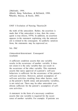 ‡Malinski, 1994.
§Hatch, Burg, Naberhaus, & Hellmich, 1998.
¶Hardin, Hussey, & Steele, 2003.
UNIT I Evolution of Nursing Theories28
the truth of the antecedent. Rather, the assertion is
made that if the antecedent is true, then the conse-
quent is true (Giere, 1979). In addition, no assertion
appears in the statement explaining why the anteced-
ent is related to the consequent. In symbolic notation
form, the statements may be expressed as:
NA PSC
(Antecedent/determinant Consequent/
resultant)
A sufficient condition asserts that one variable
results in the occurrence of another variable. It does
not claim it is the only variable that can result in
the occurrence of the other variable. This statement
asserts that nurse approval of a patient’s self-care
behaviors is sufficient for the occurrence of the patient’s
self-care activities. However, patient assumption of
self-care activities resulting from other factors, such
as the patient’s health status and personality variables,
is not ruled out. There may be other antecedent con-
ditions sufficient for the patient’s assumption of self-
care activities.
A statement in the form of a necessary condition
asserts that one variable is required for the occur-
rence of another variable. For example: If patients are
 