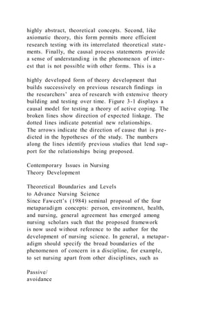 highly abstract, theoretical concepts. Second, like
axiomatic theory, this form permits more efficient
research testing with its interrelated theoretical state-
ments. Finally, the causal process statements provide
a sense of understanding in the phenomenon of inter-
est that is not possible with other forms. This is a
highly developed form of theory development that
builds successively on previous research findings in
the researchers’ area of research with extensive theory
building and testing over time. Figure 3-1 displays a
causal model for testing a theory of active coping. The
broken lines show direction of expected linkage. The
dotted lines indicate potential new relationships.
The arrows indicate the direction of cause that is pre-
dicted in the hypotheses of the study. The numbers
along the lines identify previous studies that lend sup-
port for the relationships being proposed.
Contemporary Issues in Nursing
Theory Development
Theoretical Boundaries and Levels
to Advance Nursing Science
Since Fawcett’s (1984) seminal proposal of the four
metaparadigm concepts: person, environment, health,
and nursing, general agreement has emerged among
nursing scholars such that the proposed framework
is now used without reference to the author for the
development of nursing science. In general, a metapar-
adigm should specify the broad boundaries of the
phenomenon of concern in a discipline, for example,
to set nursing apart from other disciplines, such as
Passive/
avoidance
 