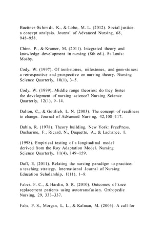 Buettner-Schmidt, K., & Lobo, M. L. (2012). Social justice:
a concept analysis. Journal of Advanced Nursing, 68,
948–958.
Chinn, P., & Kramer, M. (2011). Integrated theory and
knowledge development in nursing (8th ed.). St Louis:
Mosby.
Cody, W. (1997). Of tombstones, milestones, and gem-stones:
a retrospective and prospective on nursing theory. Nursing
Science Quarterly, 10(1), 3–5.
Cody, W. (1999). Middle range theories: do they foster
the development of nursing science? Nursing Science
Quarterly, 12(1), 9–14.
Dalton, C., & Gottlieb, L. N. (2003). The concept of readiness
to change. Journal of Advanced Nursing, 42,108–117.
Dubin, R. (1978). Theory building. New York: FreePress.
Ducharme, F., Ricard, N., Duquette, A., & Lachance, I.
(1998). Empirical testing of a longitudinal model
derived from the Roy Adaptation Model. Nursing
Science Quarterly, 11(4), 149–159.
Duff, E. (2011). Relating the nursing paradigm to practice:
a teaching strategy. International Journal of Nursing
Education Scholarship, 1(11), 1–8.
Faber, F. C., & Hardin, S. R. (2010). Outcomes of knee
replacement patients using autotransfusion. Orthopedic
Nursing, 29, 333–337.
Fahs, P. S., Morgan, L. L., & Kalman, M. (2003). A call for
 