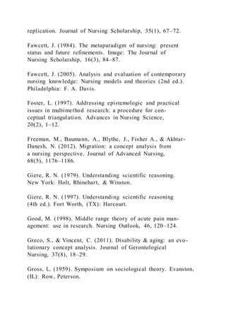 replication. Journal of Nursing Scholarship, 35(1), 67–72.
Fawcett, J. (1984). The metaparadigm of nursing: present
status and future refinements. Image: The Journal of
Nursing Scholarship, 16(3), 84–87.
Fawcett, J. (2005). Analysis and evaluation of contemporary
nursing knowledge: Nursing models and theories (2nd ed.).
Philadelphia: F. A. Davis.
Foster, L. (1997). Addressing epistemologic and practical
issues in multimethod research: a procedure for con-
ceptual triangulation. Advances in Nursing Science,
20(2), 1–12.
Freeman, M., Baumann, A., Blythe, J., Fisher A., & Akhtar-
Danesh, N. (2012). Migration: a concept analysis from
a nursing perspective. Journal of Advanced Nursing,
68(5), 1176–1186.
Giere, R. N. (1979). Understanding scientific reasoning.
New York: Holt, Rhinehart, & Winston.
Giere, R. N. (1997). Understanding scientific reasoning
(4th ed.). Fort Worth, (TX): Harcourt.
Good, M. (1998). Middle range theory of acute pain man-
agement: use in research. Nursing Outlook, 46, 120–124.
Greco, S., & Vincent, C. (2011). Disability & aging: an evo-
lutionary concept analysis. Journal of Gerontological
Nursing, 37(8), 18–29.
Gross, L. (1959). Symposium on sociological theory. Evanston,
(IL): Row, Peterson.
 