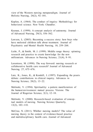view of the Western nursing metaparadigm. Journal of
Holistic Nursing, 24(2), 92–101.
Kaplan, A. (1964). The conduct of inquiry: Methodology for
behavioral science. New York: Chandler.
Keenan, J. (1999). A concept analysis of autonomy. Journal
of Advanced Nursing, 29(3), 556–562.
Lawson, L. (2003). Becoming a success story: how boys who
have molested children talk about treatment. Journal of
Psychiatric and Mental Health Nursing, 10, 259–268.
Liehr, P., & Smith, M. J. (1999). Middle range theory: spinning
research and practice to create knowledge for the new
millennium. Advances in Nursing Science, 21(4), 8–91.
Lorentzon, M. (1998). The way forward: nursing research or
collaborative health care research? Journal of Advanced
Nursing, 27, 675–676.
Lutz, K., Jones, K., & Kendall, J. (1997). Expanding the praxis
debate: contributions to clinical inquiry. Advances in
Nursing Science, 20(2), 13–22.
Malinski, V. (1994). Spirituality: a pattern manifestation of
the human/environment mutual process. Visions: The
Journal of Rogerian Science, 2(1), 12–18.
Malinski, V. (2000). Research-based evaluation of concep-
tual models of nursing. Nursing Science Quarterly,
13(2), 103–110.
McCrae, N. (2011). Whither nursing models? The value of
nursing theory in the context of evidence-based practice
and multidisciplinary health care. Journal of Advanced
 