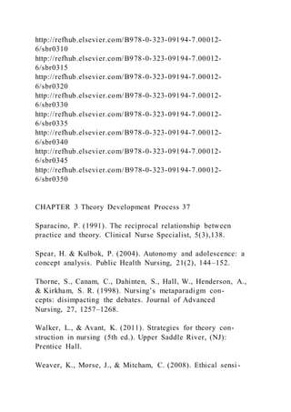 http://refhub.elsevier.com/B978-0-323-09194-7.00012-
6/sbr0310
http://refhub.elsevier.com/B978-0-323-09194-7.00012-
6/sbr0315
http://refhub.elsevier.com/B978-0-323-09194-7.00012-
6/sbr0320
http://refhub.elsevier.com/B978-0-323-09194-7.00012-
6/sbr0330
http://refhub.elsevier.com/B978-0-323-09194-7.00012-
6/sbr0335
http://refhub.elsevier.com/B978-0-323-09194-7.00012-
6/sbr0340
http://refhub.elsevier.com/B978-0-323-09194-7.00012-
6/sbr0345
http://refhub.elsevier.com/B978-0-323-09194-7.00012-
6/sbr0350
CHAPTER 3 Theory Development Process 37
Sparacino, P. (1991). The reciprocal relationship between
practice and theory. Clinical Nurse Specialist, 5(3),138.
Spear, H. & Kulbok, P. (2004). Autonomy and adolescence: a
concept analysis. Public Health Nursing, 21(2), 144–152.
Thorne, S., Canam, C., Dahinten, S., Hall, W., Henderson, A.,
& Kirkham, S. R. (1998). Nursing’s metaparadigm con-
cepts: disimpacting the debates. Journal of Advanced
Nursing, 27, 1257–1268.
Walker, L., & Avant, K. (2011). Strategies for theory con-
struction in nursing (5th ed.). Upper Saddle River, (NJ):
Prentice Hall.
Weaver, K., Morse, J., & Mitcham, C. (2008). Ethical sensi -
 