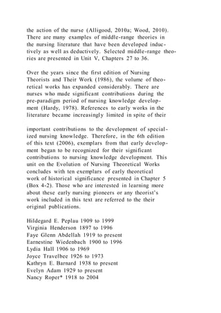 the action of the nurse (Alligood, 2010a; Wood, 2010).
There are many examples of middle-range theories in
the nursing literature that have been developed induc-
tively as well as deductively. Selected middle-range theo-
ries are presented in Unit V, Chapters 27 to 36.
Over the years since the first edition of Nursing
Theorists and Their Work (1986), the volume of theo-
retical works has expanded considerably. There are
nurses who made significant contributions during the
pre-paradigm period of nursing knowledge develop-
ment (Hardy, 1978). References to early works in the
literature became increasingly limited in spite of their
important contributions to the development of special -
ized nursing knowledge. Therefore, in the 6th edition
of this text (2006), exemplars from that early develop-
ment began to be recognized for their significant
contributions to nursing knowledge development. This
unit on the Evolution of Nursing Theoretical Works
concludes with ten exemplars of early theoretical
work of historical significance presented in Chapter 5
(Box 4-2). Those who are interested in learning more
about these early nursing pioneers or any theorist’s
work included in this text are referred to the their
original publications.
Hildegard E. Peplau 1909 to 1999
Virginia Henderson 1897 to 1996
Faye Glenn Abdellah 1919 to present
Earnestine Wiedenbach 1900 to 1996
Lydia Hall 1906 to 1969
Joyce Travelbee 1926 to 1973
Kathryn E. Barnard 1938 to present
Evelyn Adam 1929 to present
Nancy Roper* 1918 to 2004
 