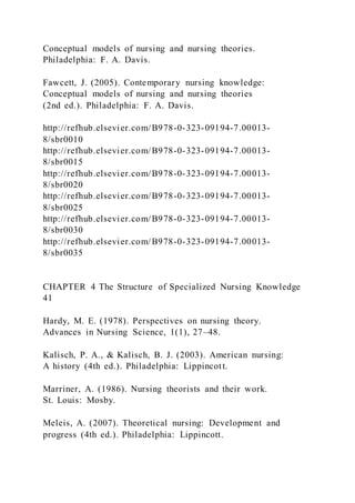 Conceptual models of nursing and nursing theories.
Philadelphia: F. A. Davis.
Fawcett, J. (2005). Contemporary nursing knowledge:
Conceptual models of nursing and nursing theories
(2nd ed.). Philadelphia: F. A. Davis.
http://refhub.elsevier.com/B978-0-323-09194-7.00013-
8/sbr0010
http://refhub.elsevier.com/B978-0-323-09194-7.00013-
8/sbr0015
http://refhub.elsevier.com/B978-0-323-09194-7.00013-
8/sbr0020
http://refhub.elsevier.com/B978-0-323-09194-7.00013-
8/sbr0025
http://refhub.elsevier.com/B978-0-323-09194-7.00013-
8/sbr0030
http://refhub.elsevier.com/B978-0-323-09194-7.00013-
8/sbr0035
CHAPTER 4 The Structure of Specialized Nursing Knowledge
41
Hardy, M. E. (1978). Perspectives on nursing theory.
Advances in Nursing Science, 1(1), 27–48.
Kalisch, P. A., & Kalisch, B. J. (2003). American nursing:
A history (4th ed.). Philadelphia: Lippincott.
Marriner, A. (1986). Nursing theorists and their work.
St. Louis: Mosby.
Meleis, A. (2007). Theoretical nursing: Development and
progress (4th ed.). Philadelphia: Lippincott.
 