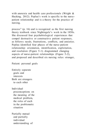 with anorexia and health care professionals (Wright &
Hacking, 2012). Peplau’s work is specific to the nurse-
patient relationship and is a theory for the practice of
nursing.
process” (p. 16) and is recognized as the first nursing
theory textbook since Nightingale’s work in the 1850s.
She discussed four psychobiological experiences that
compel destructive or constructive patient responses,
as follows: needs, frustrations, conflicts, and anxieties.
Peplau identified four phases of the nurse-patient
relationship: orientation, identification, exploitation,
and resolution (Figure 5-1). diagrammed changing
aspects of nurse-patient relationships (Figure 5-2),
and proposed and described six nursing roles: stranger,
Patient: personal goals
Entirely separate
goals and
interests
Both are strangers
to each other
Individual
preconceptions on
the meaning of the
medical problem,
the roles of each
in the problematic
situation
Partially mutual
and partially
individual
understanding of
 