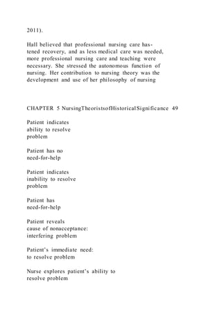 2011).
Hall believed that professional nursing care has-
tened recovery, and as less medical care was needed,
more professional nursing care and teaching were
necessary. She stressed the autonomous function of
nursing. Her contribution to nursing theory was the
development and use of her philosophy of nursing
CHAPTER 5 NursingTheoristsofHistoricalSignificance 49
Patient indicates
ability to resolve
problem
Patient has no
need-for-help
Patient indicates
inability to resolve
problem
Patient has
need-for-help
Patient reveals
cause of nonacceptance:
interfering problem
Patient’s immediate need:
to resolve problem
Nurse explores patient’s ability to
resolve problem
 