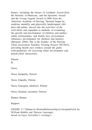 honors, including the Gustav O. Leinhard Award from
the Institute of Medicine, and the Episteme Award
and the Living Legend Award in 2006 from the
American Academy of Nursing. Barnard began by
studying mentally and physically handicapped chil-
dren and adults, moved into the activities of the
well child, and expanded to methods of evaluating
the growth and development of children and mother-
infant relationships, and finally how environment
influences development for children and families
(Barnard, 2004). She is the founder of the Nursing
Child Assessment Satellite Training Project (NCAST),
providing health care workers around the globe
with guidelines for assessing infant development and
parent-child interactions.
Patient
&
Nurse
Nurse Sympathy Patient
Nurse Empathy Patient
Nurse Emerging identities Patient
Nurse Original encounter Patient
Human Human
Rapport
FIGURE 5-7 Human-to-HumanRelationship.(Conceptualized by
William Hobble and Theresa Lansinger,
based on Joyce Travelbee’s writings.)
 