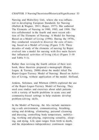 CHAPTER 5 NursingTheoristsofHistoricalSignificance 53
Nursing and Midwifery Unit, where she was influen-
tial in developing European Standards for Nursing
(Hallett & Wagner, 2011; Roper, 1977). She authored
The Elements of Nursing in 1980, 1985, and 1990. The
trio collaborated in the fourth and most recent edi-
tion of The Elements of Nursing: A Model for Nursing
Based on a Model of Living (1996). During the 1970s,
they conducted research to discover the core of nurs-
ing, based on a Model of Living (Figure 5-9). Three
decades of study of the elements of nursing by Roper
evolved into a model for nursing with five main factors
that influenced activities of living (ALs) (Figure 5-10
and Table 5-1).
Rather than revising the fourth edition of their text-
book, these theorists prepared a monograph (Roper,
Logan, & Tierney, 2000) about the model titled The
Roper-Logan-Tierney Model of Nursing: Based on Activi-
ties of Living, without application of the model. Holland,
Jenkins, Solomon, and Whittam (2003) explored the use
of the Roper-Logan-Tierney Model of Nursing. They
used case studies and exercises about adult patients
with a variety of health problems in acute care and
community-based settings to help students develop
problem-solving skills.
In the Model of Nursing, the ALs include maintain-
ing a safe environment, communicating, breathing,
eating and drinking, eliminating, personal cleansing
and dressing, controlling body temperature, mobiliz-
ing, working and playing, expressing sexuality, sleep-
ing, and dying. Life span ranges from birth to death,
and the dependence-independence continuum ranges
 