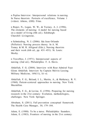 n Peplau Interview: Interpersonal relations in nursing.
In Nurse theorists: Portraits of excellence, Volume 1
(video). Athens, (OH): Fitne.
n Roper, N., Logan, W. W., & Tierney, A. J. (1996).
The elements of nursing: A model for nursing based
on a model of living (4th ed.). Edinburgh:
Churchill Livingstone.
n Schmieding, N. J. (2006). Ida Jean Orlando
(Pelletier): Nursing process theory. In A. M.
Tomey & M. R. Alligood (Eds.), Nursing theorists
and their work (6th ed., pp. 431–451). St. Louis:
Mosby.
n Travelbee, J. (1971). Interpersonal aspects of
nursing (2nd ed.). Philadelphia: F. A. Davis.
Abdellah, F. G. (2004). Interview with Rear Admiral Faye
Glenn Abdellah. Interview by Captain Melvin Lessing.
Military Medicine, 169(11), iii–xi.
Abdellah, F. G., Beland, I. L., Martin, A., & Matheney, R. V.
(1960). Patient-centered approaches to nursing. New York:
Macmillan.
Abdellah, F. G., & Levine, E. (1994). Preparing for nursing
research in the 21st century: Evolution, methodologies,
challenges. New York: Springer.
Abraham, S. (2011). Fall prevention conceptual framework.
The Health Care Manager, 30, 179–184.
Adam, E. (1980). To be a nurse. Philadelphia: Saunders.
Adam, E. (1983). Frontiers of nursing in the 21st century:
 