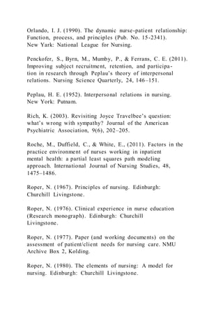 Orlando, I. J. (1990). The dynamic nurse-patient relationship:
Function, process, and principles (Pub. No. 15-2341).
New Yark: National League for Nursing.
Penckofer, S., Byrn, M., Mumby, P., & Ferrans, C. E. (2011).
Improving subject recruitment, retention, and participa-
tion in research through Peplau’s theory of interpersonal
relations. Nursing Science Quarterly, 24, 146–151.
Peplau, H. E. (1952). Interpersonal relations in nursing.
New York: Putnam.
Rich, K. (2003). Revisiting Joyce Travelbee’s question:
what’s wrong with sympathy? Journal of the American
Psychiatric Association, 9(6), 202–205.
Roche, M., Duffield, C., & White, E., (2011). Factors in the
practice environment of nurses working in inpatient
mental health: a partial least squares path modeling
approach. International Journal of Nursing Studies, 48,
1475–1486.
Roper, N. (1967). Principles of nursing. Edinburgh:
Churchill Livingstone.
Roper, N. (1976). Clinical experience in nurse education
(Research monograph). Edinburgh: Churchill
Livingstone.
Roper, N. (1977). Paper (and working documents) on the
assessment of patient/client needs for nursing care. NMU
Archive Box 2, Kolding.
Roper, N. (1980). The elements of nursing: A model for
nursing. Edinburgh: Churchill Livingstone.
 