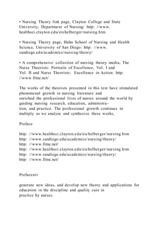 • Nursing Theory link page, Clayton College and State
University, Department of Nursing: http: //www.
healthsci.clayton.edu/eichelberger/nursing.htm
• Nursing Theory page, Hahn School of Nursing and Health
Science, University of San Diego: http: //www.
sandiego.edu/academics/nursing/theory/
• A comprehensive collection of nursing theory media, The
Nurse Theorists: Portraits of Excellence, Vol. I and
Vol. II and Nurse Theorists: Excellence in Action: http:
//www.fitne.net/
The works of the theorists presented in this text have stimulated
phenomenal growth in nursing literature and
enriched the professional lives of nurses around the world by
guiding nursing research, education, administra-
tion, and practice. The professional growth continues to
multiply as we analyze and synthesize these works,
Preface
http: //www.healthsci.clayton.edu/eichelberger/nursing.htm
http: //www.sandiego.edu/academics/nursing/theory/
http: //www.fitne.net/
http: //www.healthsci.clayton.edu/eichelberger/nursing.htm
http: //www.sandiego.edu/academics/nursing/theory/
http: //www.fitne.net/
Prefacexiv
generate new ideas, and develop new theory and applications for
education in the discipline and quality care in
practice by nurses.
 
