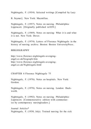 Nightingale, F. (1954). Selected writings [Compiled by Lucy
R. Seymer]. New York: Macmillan.
Nightingale, F. (1957). Notes on nursing. Philadelphia:
Lippincott. [Originally published in1859.]
Nightingale, F. (1969). Notes on nursing: What it is and what
it is not. New York: Dover.
Nightingale, F. (1974). Letters of Florence Nightingale in the
history of nursing archive. Boston: Boston UniversityPress.
BIBLIOGRAPHY
http://www.florence-nightingale-avenging-
angel.co.uk/biograph.htm
http://www.florence-nightingale-avenging-
angel.co.uk/Nightingale.html
CHAPTER 6 Florence Nightingale 75
Nightingale, F. (1976). Notes on hospitals. New York:
Gordon.
Nightingale, F. (1978). Notes on nursing. London: Duck-
worth.
Nightingale, F. (1992). Notes on nursing. Philadelphia:
Lippincott. [Commemorative edition with commentar-
ies by contemporary nursingleaders.]
Journal Articles*
Nightingale, F. (1930, July). Trained nursing for the sick
 