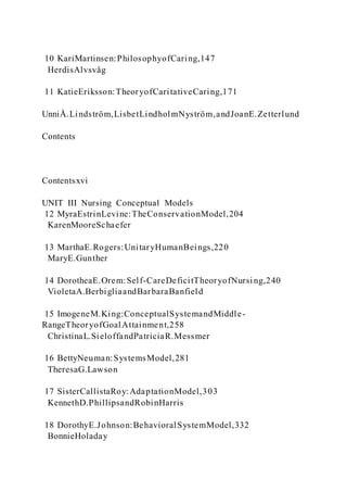 10 KariMartinsen:PhilosophyofCaring,147
HerdisAlvsvåg
11 KatieEriksson:TheoryofCaritativeCaring,171
UnniÅ.Lindström,LisbetLindholmNyström,andJoanE.Zetterlund
Contents
Contentsxvi
UNIT III Nursing Conceptual Models
12 MyraEstrinLevine:TheConservationModel,204
KarenMooreSchaefer
13 MarthaE.Rogers:UnitaryHumanBeings,220
MaryE.Gunther
14 DorotheaE.Orem:Self-CareDeficitTheoryofNursi ng,240
VioletaA.BerbigliaandBarbaraBanfield
15 ImogeneM.King:ConceptualSystemandMiddle-
RangeTheoryofGoalAttainment,258
ChristinaL.SieloffandPatriciaR.Messmer
16 BettyNeuman:SystemsModel,281
TheresaG.Lawson
17 SisterCallistaRoy:AdaptationModel,303
KennethD.PhillipsandRobinHarris
18 DorothyE.Johnson:BehavioralSystemModel,332
BonnieHoladay
 