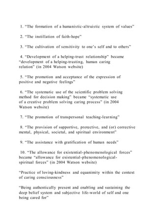 1. “The formation of a humanistic-altruistic system of values”
2. “The instillation of faith-hope”
3. “The cultivation of sensitivity to one’s self and to others”
4. “Development of a helping-trust relationship” became
“development of a helping-trusting, human caring
relation” (in 2004 Watson website)
5. “The promotion and acceptance of the expression of
positive and negative feelings”
6. “The systematic use of the scientific problem solving
method for decision making” became “systematic use
of a creative problem solving caring process” (in 2004
Watson website)
7. “The promotion of transpersonal teaching-learning”
8. “The provision of supportive, protective, and (or) corrective
mental, physical, societal, and spiritual environment”
9. “The assistance with gratification of human needs”
10. “The allowance for existential-phenomenological forces”
became “allowance for existential-phenomenological-
spiritual forces” (in 2004 Watson website)
“Practice of loving-kindness and equanimity within the context
of caring consciousness”
“Being authentically present and enabling and sustaining the
deep belief system and subjective life-world of self and one
being cared for”
 