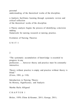 personal
understanding of the theoretical works of the discipline.
n Analysis facilitates learning through systematic review and
critical reflection
of the theoretical works of the discipline.
n Theory analysis begins the process of identifying a decision
making
framework for nursing research or nursing practice.
Evolution of Nursing Theories
U N I T I
2
“The systematic accumulation of knowledge is essential to
progress in any
profession . . . however theory and practice must be constantly
interactive.
Theory without practice is empty and practice without theory is
blind.”
(Cross, 1981, p. 110).
Introduction to Nursing Theory:
Its History, Significance, and Analysis
Martha Raile Alligood
C H A P T E R 1
Bixler, 1959; Chinn & Kramer, 2011; George, 2011;
 