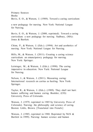 Primary Sources
Books
Bevis, E. O., & Watson, J. (1989). Toward a caring curriculum:
a new pedagogy for nursing. New Yark: National League
for Nursing.
Bevis, E. O., & Watson, J. (2000, reprinted). Toward a caring
curriculum: a new pedagogy for nursing. Sudbury, (MA):
Jones & Bartlett.
Chinn, P., & Watson, J. (Eds.). (1994). Art and aesthetics of
nursing. New York: National League for Nursing.
Hills, M., & Watson, J. (2011). Creating a caring science
curriculum: an emancipatory pedagogy for nursing.
New York: Springer.
Leininger, M., & Watson, J. (Eds.). (1990). The caring
imperative in education. New Yark: National League
for Nursing.
Nelson, J., & Watson, J. (2011). Measuring caring:
International research on caritas as healing. New York:
Springer.
Taylor, R., & Watson, J. (Eds.). (1989). They shall not hurt:
human suffering and human caring. Boulder, (CO):
University Press of Colorado.
Watson, J. (1979, reprinted in 1985 by University Press of
Colorado). Nursing: the philosophy and science of caring.
Boston: Little, Brown. [Translated into French.]
Watson, J. (1985, reprinted in 1988. Reprinted by NLN &
Bartlett in 1999). Nursing: human science and human
 