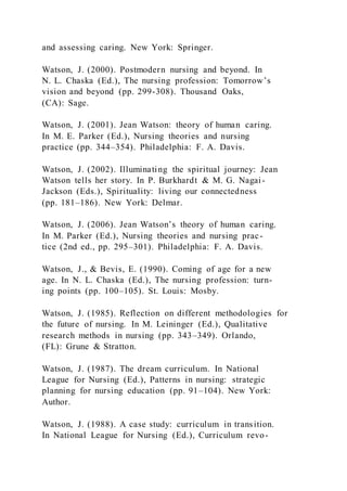 and assessing caring. New York: Springer.
Watson, J. (2000). Postmodern nursing and beyond. In
N. L. Chaska (Ed.), The nursing profession: Tomorrow’s
vision and beyond (pp. 299-308). Thousand Oaks,
(CA): Sage.
Watson, J. (2001). Jean Watson: theory of human caring.
In M. E. Parker (Ed.), Nursing theories and nursing
practice (pp. 344–354). Philadelphia: F. A. Davis.
Watson, J. (2002). Illuminating the spiritual journey: Jean
Watson tells her story. In P. Burkhardt & M. G. Nagai-
Jackson (Eds.), Spirituality: living our connectedness
(pp. 181–186). New York: Delmar.
Watson, J. (2006). Jean Watson’s theory of human caring.
In M. Parker (Ed.), Nursing theories and nursing prac-
tice (2nd ed., pp. 295–301). Philadelphia: F. A. Davis.
Watson, J., & Bevis, E. (1990). Coming of age for a new
age. In N. L. Chaska (Ed.), The nursing profession: turn-
ing points (pp. 100–105). St. Louis: Mosby.
Watson, J. (1985). Reflection on different methodologies for
the future of nursing. In M. Leininger (Ed.), Qualitative
research methods in nursing (pp. 343–349). Orlando,
(FL): Grune & Stratton.
Watson, J. (1987). The dream curriculum. In National
League for Nursing (Ed.), Patterns in nursing: strategic
planning for nursing education (pp. 91–104). New York:
Author.
Watson, J. (1988). A case study: curriculum in transition.
In National League for Nursing (Ed.), Curriculum revo-
 
