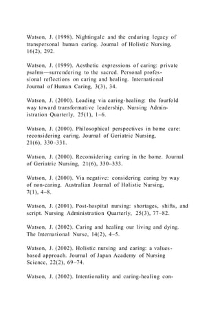 Watson, J. (1998). Nightingale and the enduring legacy of
transpersonal human caring. Journal of Holistic Nursing,
16(2), 292.
Watson, J. (1999). Aesthetic expressions of caring: private
psalms—surrendering to the sacred. Personal profes-
sional reflections on caring and healing. International
Journal of Human Caring, 3(3), 34.
Watson, J. (2000). Leading via caring-healing: the fourfold
way toward transformative leadership. Nursing Admin-
istration Quarterly, 25(1), 1–6.
Watson, J. (2000). Philosophical perspectives in home care:
reconsidering caring. Journal of Geriatric Nursing,
21(6), 330–331.
Watson, J. (2000). Reconsidering caring in the home. Journal
of Geriatric Nursing, 21(6), 330–333.
Watson, J. (2000). Via negative: considering caring by way
of non-caring. Australian Journal of Holistic Nursing,
7(1), 4–8.
Watson, J. (2001). Post-hospital nursing: shortages, shifts, and
script. Nursing Administration Quarterly, 25(3), 77–82.
Watson, J. (2002). Caring and healing our living and dying.
The International Nurse, 14(2), 4–5.
Watson, J. (2002). Holistic nursing and caring: a values-
based approach. Journal of Japan Academy of Nursing
Science, 22(2), 69–74.
Watson, J. (2002). Intentionality and caring-healing con-
 