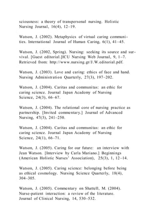 sciousness: a theory of transpersonal nursing. Holistic
Nursing Journal, 16(4), 12–19.
Watson, J. (2002). Metaphysics of virtual caring communi -
ties. International Journal of Human Caring, 6(1), 41–45.
Watson, J. (2002, Spring). Nursing: seeking its source and sur -
vival. [Guest editorial.]ICU Nursing Web Journal, 9, 1–7.
Retrieved from: http://www.nursing.gr/J.W.editorial.pdf.
Watson, J. (2003). Love and caring: ethics of face and hand.
Nursing Administration Quarterly, 27(3), 197–202.
Watson, J. (2004). Caritas and communitas: an ethic for
caring science. Journal Japan Academy of Nursing
Science, 24(3), 66–67.
Watson, J. (2004). The relational core of nursing practice as
partnership. [Invited commentary.] Journal of Advanced
Nursing, 47(3), 241–250.
Watson, J. (2004). Caritas and communitas: an ethic for
caring science. Journal Japan Academy of Nursing
Science, 24(1), 66–71.
Watson, J. (2005). Caring for our future: an interview with
Jean Watson. [Interview by Carla Mariano.] Beginnings
(American Holistic Nurses’ Association), 25(3), 1, 12–14.
Watson, J. (2005). Caring science: belonging before being
as ethical cosmology. Nursing Science Quarterly, 18(4),
304–305.
Watson, J. (2005). Commentary on Shattell, M. (2004).
Nurse-patient interaction: a review of the literature.
Journal of Clinical Nursing, 14, 530–532.
 
