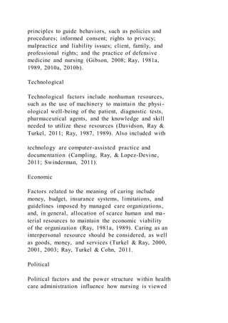 principles to guide behaviors, such as policies and
procedures; informed consent; rights to privacy;
malpractice and liability issues; client, family, and
professional rights; and the practice of defensive
medicine and nursing (Gibson, 2008; Ray, 1981a,
1989, 2010a, 2010b).
Technological
Technological factors include nonhuman resources,
such as the use of machinery to maintain the physi-
ological well-being of the patient, diagnostic tests,
pharmaceutical agents, and the knowledge and skill
needed to utilize these resources (Davidson, Ray &
Turkel, 2011; Ray, 1987, 1989). Also included with
technology are computer-assisted practice and
documentation (Campling, Ray, & Lopez-Devine,
2011; Swinderman, 2011).
Economic
Factors related to the meaning of caring include
money, budget, insurance systems, limitations, and
guidelines imposed by managed care organizations,
and, in general, allocation of scarce human and ma-
terial resources to maintain the economic viability
of the organization (Ray, 1981a, 1989). Caring as an
interpersonal resource should be considered, as well
as goods, money, and services (Turkel & Ray, 2000,
2001, 2003; Ray, Turkel & Cohn, 2011.
Political
Political factors and the power structure within health
care administration influence how nursing is viewed
 