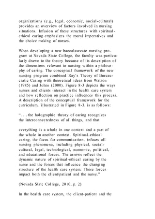 organizations (e.g., legal, economic, social-cultural)
provides an overview of factors involved in nursing
situations. Infusion of these structures with spiritual-
ethical caring emphasizes the moral imperatives and
the choice making of nurses.
When developing a new baccalaureate nursing pro-
gram at Nevada State College, the faculty was particu-
larly drawn to the theory because of its description of
the dimensions relevant to nursing within a philoso-
phy of caring. The conceptual framework of the new
nursing program combined Ray’s Theory of Bureau-
cratic Caring with theoretical ideas from Watson
(1985) and Johns (2000). Figure 8-3 depicts the ways
nurses and clients interact in the health care system
and how reflection on practice influences this process.
A description of the conceptual framework for the
curriculum, illustrated in Figure 8-3, is as follows:
“. . . the holographic theory of caring recognizes
the interconnectedness of all things, and that
everything is a whole in one context and a part of
the whole in another context. Spiritual-ethical
caring, the focus for communication, infuses all
nursing phenomena, including physical, social-
cultural, legal, technological, economic, political,
and educational forces. The arrows reflect the
dynamic nature of spiritual-ethical caring by the
nurse and the forces that influence the changing
structure of the health care system. These forces
impact both the client/patient and the nurse.”
(Nevada State College, 2010, p. 2)
In the health care system, the client-patient and the
 