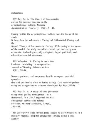 maturation.
1989 Ray, M. A. The theory of bureaucratic
caring for nursing practice in the
organizational culture. Nursing
Administration Quarterly, 13(2), 31-42.
Caring within the organizational culture was the focus of the
study.
It describes the substantive Theory of Differential Caring and
the
formal Theory of Bureaucratic Caring. With caring at the center
of the model, the study included ethical, spiritual-religious,
economic, technological-physiological, legal, political, and
educational-social structures.
1989 Valentine, K. Caring is more than
kindness: Modeling its complexities.
Journal of Nursing Administration,
19(11), 28-34.
Nurses, patients, and corporate health managers provided
quantita-
tive and qualitative data to define caring. Data were organized
using the categorization schema developed by Ray (1984).
1993 Ray, M. A. A study of care processes
using total quality management as a
framework in a USAF regional hospital
emergency service and related
services. Military Medicine, 158(6),
396-403.
This descriptive study investigated access to care processes in a
military regional hospital emergency service using a total
quality
 