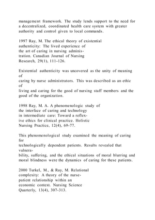 management framework. The study lends support to the need for
a decentralized, coordinated health care system with greater
authority and control given to local commands.
1997 Ray, M. The ethical theory of existential
authenticity: The lived experience of
the art of caring in nursing adminis-
tration. Canadian Journal of Nursing
Research, 29(1), 111-126.
Existential authenticity was uncovered as the unity of meaning
of
caring by nurse administrators. This was described as an ethic
of
living and caring for the good of nursing staff members and the
good of the organization.
1998 Ray, M. A. A phenomenologic study of
the interface of caring and technology
in intermediate care: Toward a reflex-
ive ethics for clinical practice. Holistic
Nursing Practice, 12(4), 69-77.
This phenomenological study examined the meaning of caring
for
technologically dependent patients. Results revealed that
vulnera-
bility, suffering, and the ethical situations of moral blurring and
moral blindness were the dynamics of caring for these patients.
2000 Turkel, M., & Ray, M. Relational
complexity: A theory of the nurse-
patient relationship within an
economic context. Nursing Science
Quarterly, 13(4), 307-313.
 