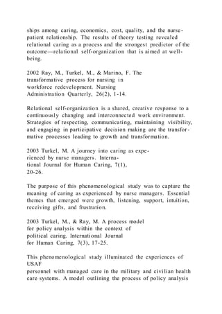 ships among caring, economics, cost, quality, and the nurse-
patient relationship. The results of theory testing revealed
relational caring as a process and the strongest predictor of the
outcome—relational self-organization that is aimed at well-
being.
2002 Ray, M., Turkel, M., & Marino, F. The
transformative process for nursing in
workforce redevelopment. Nursing
Administration Quarterly, 26(2), 1-14.
Relational self-organization is a shared, creative response to a
continuously changing and interconnected work environment.
Strategies of respecting, communicating, maintaining visibility,
and engaging in participative decision making are the transfor -
mative processes leading to growth and transformation.
2003 Turkel, M. A journey into caring as expe-
rienced by nurse managers. Interna-
tional Journal for Human Caring, 7(1),
20-26.
The purpose of this phenomenological study was to capture the
meaning of caring as experienced by nurse managers. Essential
themes that emerged were growth, listening, support, intuition,
receiving gifts, and frustration.
2003 Turkel, M., & Ray, M. A process model
for policy analysis within the context of
political caring. International Journal
for Human Caring, 7(3), 17-25.
This phenomenological study illuminated the experiences of
USAF
personnel with managed care in the military and civilian health
care systems. A model outlining the process of policy analysis
 