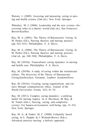 Watson, J. (2009). Assessing and measuring caring in nurs-
ing and health science (2nd ed.). New York: Springer.
Wheatley, M. J. (2006). Leadership and the new science: dis-
covering order in a chaotic world (2nd ed.). San Francisco:
Berrett-Koehler.
Ray, M. A. (2001). The Theory of Bureaucratic Caring. In
M. Parker (Ed.), Nursing theories and nursing practice
(pp. 422–431). Philadelphia: F. A. Davis.
Ray, M. A. (2006). The Theory of Bureaucratic Caring. In
M. Parker (Ed.), Nursing theories and nursing practice
(2nd ed., pp. 360–368). Philadelphia: F. A. Davis.
Ray, M. (2010a). Transcultural caring dynamics in nursing
and health care. Philadelphia: F. A. Davis.
Ray, M. (2010b). A study of caring within the institutional
culture: The discovery of the Theory of Bureaucratic
Caring.Saarbrucken, Germany: Lambert AcademicPress.
Ray, M. (2010c). Creating caring organizations and cul-
tures through communitarian ethics. Journal of the
World Universities Forum, 3(5), 41–52.
Ray, M. (2011). Complex caring dynamics: a unifying
model for nursing inquiry. In A. Davidson, M. Ray, &
M. Turkel (Eds.), Nursing, caring, and complexity
science: For human-environment well-being. (pp. 31–52).
New York: Springer.
Ray, M. A., & Turkel, M. C. (2000). Culturally based
caring. In L. Dunphy & J. Winland-Brown (Eds.),
Advanced practice nursing: a holistic approach
 