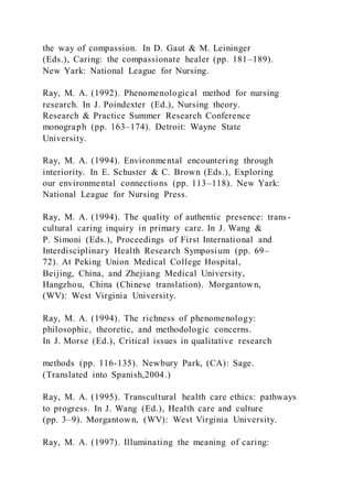 the way of compassion. In D. Gaut & M. Leininger
(Eds.), Caring: the compassionate healer (pp. 181–189).
New Yark: National League for Nursing.
Ray, M. A. (1992). Phenomenological method for nursing
research. In J. Poindexter (Ed.), Nursing theory.
Research & Practice Summer Research Conference
monograph (pp. 163–174). Detroit: Wayne State
University.
Ray, M. A. (1994). Environmental encountering through
interiority. In E. Schuster & C. Brown (Eds.), Exploring
our environmental connections (pp. 113–118). New Yark:
National League for Nursing Press.
Ray, M. A. (1994). The quality of authentic presence: trans-
cultural caring inquiry in primary care. In J. Wang &
P. Simoni (Eds.), Proceedings of First International and
Interdisciplinary Health Research Symposium (pp. 69–
72). At Peking Union Medical College Hospital,
Beijing, China, and Zhejiang Medical University,
Hangzhou, China (Chinese translation). Morgantown,
(WV): West Virginia University.
Ray, M. A. (1994). The richness of phenomenology:
philosophic, theoretic, and methodologic concerns.
In J. Morse (Ed.), Critical issues in qualitative research
methods (pp. 116-135). Newbury Park, (CA): Sage.
(Translated into Spanish,2004.)
Ray, M. A. (1995). Transcultural health care ethics: pathways
to progress. In J. Wang (Ed.), Health care and culture
(pp. 3–9). Morgantown, (WV): West Virginia University.
Ray, M. A. (1997). Illuminating the meaning of caring:
 