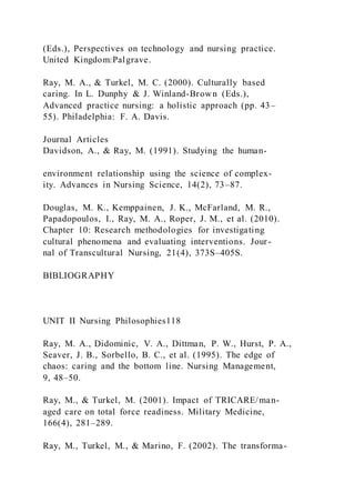 (Eds.), Perspectives on technology and nursing practice.
United Kingdom:Palgrave.
Ray, M. A., & Turkel, M. C. (2000). Culturally based
caring. In L. Dunphy & J. Winland-Brown (Eds.),
Advanced practice nursing: a holistic approach (pp. 43–
55). Philadelphia: F. A. Davis.
Journal Articles
Davidson, A., & Ray, M. (1991). Studying the human-
environment relationship using the science of complex-
ity. Advances in Nursing Science, 14(2), 73–87.
Douglas, M. K., Kemppainen, J. K., McFarland, M. R.,
Papadopoulos, I., Ray, M. A., Roper, J. M., et al. (2010).
Chapter 10: Research methodologies for investigating
cultural phenomena and evaluating interventions. Jour-
nal of Transcultural Nursing, 21(4), 373S–405S.
BIBLIOGRAPHY
UNIT II Nursing Philosophies118
Ray, M. A., Didominic, V. A., Dittman, P. W., Hurst, P. A.,
Seaver, J. B., Sorbello, B. C., et al. (1995). The edge of
chaos: caring and the bottom line. Nursing Management,
9, 48–50.
Ray, M., & Turkel, M. (2001). Impact of TRICARE/man-
aged care on total force readiness. Military Medicine,
166(4), 281–289.
Ray, M., Turkel, M., & Marino, F. (2002). The transforma-
 
