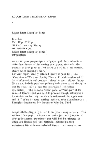 ROUGH DRAFT EXEMPLAR PAPER
5
Rough Draft Exemplar Paper
Jane Doe
Care Hope College
NUR315: Nursing Theory
Dr. Edward Kyle
Rough Draft Exemplar Paper
Introduction
Articulate your purpose/point of paper: pull the readers in –
make them interested in reading your paper, state what the
purpose of your paper is – what are you trying to accomplish.
Overview of Nursing Theory
For your paper, specify selected theory in your title, i.e.,
“Overview of Watson’s Caring Theory. Provide readers with
basic information and concepts related to your selected theory
[be sure to include pertinent primary references to the theory so
that the reader may access this information for further
exploration]. This is not a “term” paper or “critique” of the
selected theory – but you need to provide enough information
for readers so that they can clearly understand the application
and “fit” of the selected nursing theory to your exemplar/story.
Exemplar Encounter: My Encounter with Mr. Smith
Adapt title/heading as you see fit for your exemplar/story. This
section of the paper includes a verbatim [narrative] report of
your patient/nurse experience that will then be reflected on
when you discuss how this particular nursing practice
experience fits with your selected theory. For example, one
 