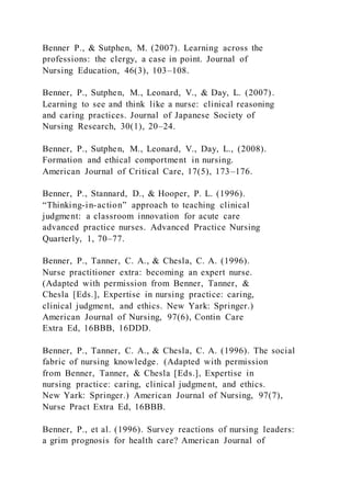 Benner P., & Sutphen, M. (2007). Learning across the
professions: the clergy, a case in point. Journal of
Nursing Education, 46(3), 103–108.
Benner, P., Sutphen, M., Leonard, V., & Day, L. (2007).
Learning to see and think like a nurse: clinical reasoning
and caring practices. Journal of Japanese Society of
Nursing Research, 30(1), 20–24.
Benner, P., Sutphen, M., Leonard, V., Day, L., (2008).
Formation and ethical comportment in nursing.
American Journal of Critical Care, 17(5), 173–176.
Benner, P., Stannard, D., & Hooper, P. L. (1996).
“Thinking-in-action” approach to teaching clinical
judgment: a classroom innovation for acute care
advanced practice nurses. Advanced Practice Nursing
Quarterly, 1, 70–77.
Benner, P., Tanner, C. A., & Chesla, C. A. (1996).
Nurse practitioner extra: becoming an expert nurse.
(Adapted with permission from Benner, Tanner, &
Chesla [Eds.], Expertise in nursing practice: caring,
clinical judgment, and ethics. New Yark: Springer.)
American Journal of Nursing, 97(6), Contin Care
Extra Ed, 16BBB, 16DDD.
Benner, P., Tanner, C. A., & Chesla, C. A. (1996). The social
fabric of nursing knowledge. (Adapted with permission
from Benner, Tanner, & Chesla [Eds.], Expertise in
nursing practice: caring, clinical judgment, and ethics.
New Yark: Springer.) American Journal of Nursing, 97(7),
Nurse Pract Extra Ed, 16BBB.
Benner, P., et al. (1996). Survey reactions of nursing leaders:
a grim prognosis for health care? American Journal of
 