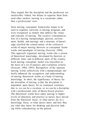 They argued that the discipline and the profession are
inextricably linked, but failure to separate them from
each other anchors nursing in a vocational rather
than a professional view.
Soon nursing conceptual frameworks began to be
used to organize curricula in nursing programs and
were recognized as models that address the values
and concepts of nursing. The creative conceptualiza-
tion of a nursing metaparadigm (person, environ-
ment, health, and nursing) and a structure of knowl-
edge clarified the related nature of the collective
works of major nursing theorists as conceptual frame-
works and paradigms of nursing (Fawcett, 1984).
This approach organized nursing works into a system
of theoretical knowledge, developed by theorists at
different times and in different parts of the country.
Each nursing conceptual model was classified on
the basis of a set of analysis and evaluation criteria
(Fawcett, 1984; 1993). Recognition of the separate
nursing works collectively with a metaparadigm um-
brella enhanced the recognition and understanding
of nursing theoretical works as a body of nursing
knowledge. In short, the significance of theory for
the discipline of nursing is that the discipline is
dependent upon theory for its continued existence,
that is, we can be a vocation, or we can be a discipline
with a professional style of theory-based practice.
The theoretical works have taken nursing to higher
levels of education and practice as nurses have moved
from the functional focus, or what nurses do, to a
knowledge focus, or what nurses know and how they
use what they know for thinking and decision mak-
ing while concentrating on the patient.
 