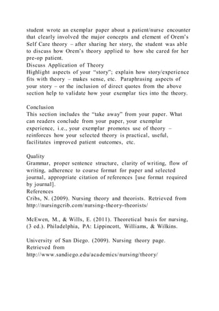 student wrote an exemplar paper about a patient/nurse encounter
that clearly involved the major concepts and element of Orem’s
Self Care theory – after sharing her story, the student was able
to discuss how Orem’s theory applied to how she cared for her
pre-op patient.
Discuss Application of Theory
Highlight aspects of your “story”; explain how story/experience
fits with theory – makes sense, etc. Paraphrasing aspects of
your story – or the inclusion of direct quotes from the above
section help to validate how your exemplar ties into the theory.
Conclusion
This section includes the “take away” from your paper. What
can readers conclude from your paper, your exemplar
experience, i.e., your exemplar promotes use of theory –
reinforces how your selected theory is practical, useful,
facilitates improved patient outcomes, etc.
Quality
Grammar, proper sentence structure, clarity of writing, flow of
writing, adherence to course format for paper and selected
journal, appropriate citation of references [use format required
by journal].
References
Cribs, N. (2009). Nursing theory and theorists. Retrieved from
http://nursingcrib.com/nursing-theory-theorists/
McEwen, M., & Wills, E. (2011). Theoretical basis for nursing,
(3 ed.). Philadelphia, PA: Lippincott, Williams, & Wilkins.
University of San Diego. (2009). Nursing theory page.
Retrieved from
http://www.sandiego.edu/academics/nursing/theory/
 