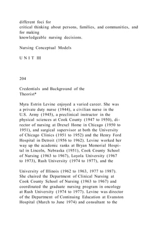different foci for
critical thinking about persons, families, and communities, and
for making
knowledgeable nursing decisions.
Nursing Conceptual Models
U N I T III
204
Credentials and Background of the
Theorist*
Myra Estrin Levine enjoyed a varied career. She was
a private duty nurse (1944), a civilian nurse in the
U.S. Army (1945), a preclinical instructor in the
physical sciences at Cook County (1947 to 1950), di-
rector of nursing at Drexel Home in Chicago (1950 to
1951), and surgical supervisor at both the University
of Chicago Clinics (1951 to 1952) and the Henry Ford
Hospital in Detroit (1956 to 1962). Levine worked her
way up the academic ranks at Bryan Memorial Hospi-
tal in Lincoln, Nebraska (1951), Cook County School
of Nursing (1963 to 1967), Loyola University (1967
to 1973), Rush University (1974 to 1977), and the
University of Illinois (1962 to 1963, 1977 to 1987).
She chaired the Department of Clinical Nursing at
Cook County School of Nursing (1963 to 1967) and
coordinated the graduate nursing program in oncology
at Rush University (1974 to 1977). Levine was director
of the Department of Continuing Education at Evanston
Hospital (March to June 1974) and consultant to the
 