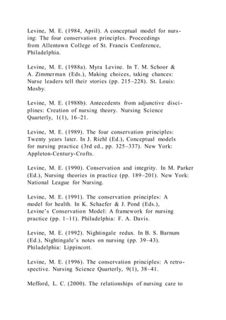 Levine, M. E. (1984, April). A conceptual model for nurs-
ing: The four conservation principles. Proceedings
from Allentown College of St. Francis Conference,
Philadelphia.
Levine, M. E. (1988a). Myra Levine. In T. M. Schoor &
A. Zimmerman (Eds.), Making choices, taking chances:
Nurse leaders tell their stories (pp. 215–228). St. Louis:
Mosby.
Levine, M. E. (1988b). Antecedents from adjunctive disci -
plines: Creation of nursing theory. Nursing Science
Quarterly, 1(1), 16–21.
Levine, M. E. (1989). The four conservation principles:
Twenty years later. In J. Riehl (Ed.), Conceptual models
for nursing practice (3rd ed., pp. 325–337). New York:
Appleton-Century-Crofts.
Levine, M. E. (1990). Conservation and integrity. In M. Parker
(Ed.), Nursing theories in practice (pp. 189–201). New York:
National League for Nursing.
Levine, M. E. (1991). The conservation principles: A
model for health. In K. Schaefer & J. Pond (Eds.),
Levine’s Conservation Model: A framework for nursing
practice (pp. 1–11). Philadelphia: F. A. Davis.
Levine, M. E. (1992). Nightingale redux. In B. S. Barnum
(Ed.), Nightingale’s notes on nursing (pp. 39–43).
Philadelphia: Lippincott.
Levine, M. E. (1996). The conservation principles: A retro-
spective. Nursing Science Quarterly, 9(1), 38–41.
Mefford, L. C. (2000). The relationships of nursing care to
 